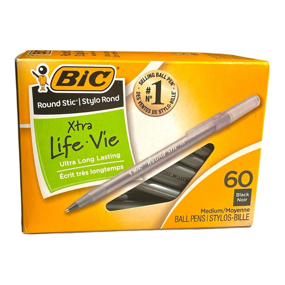 60~BIC in Selling #1 Pens Round Stic Xtra-Life Medium Point Ballpoint Black Ink